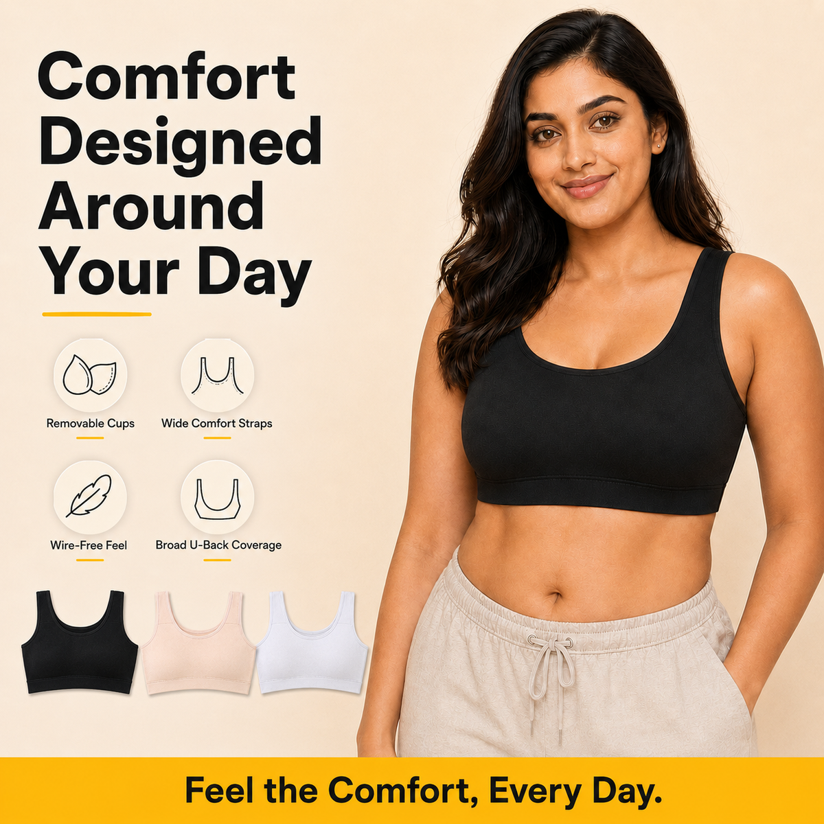 Everyday Comfort Bra with Removable Cups – Wire-Free Pack of 3