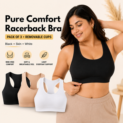 Pure Comfort Racerback Bra with Removable Cups – Pack of 3