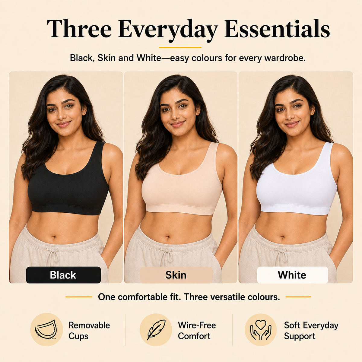 Everyday Comfort Bra with Removable Cups – Wire-Free Pack of 3