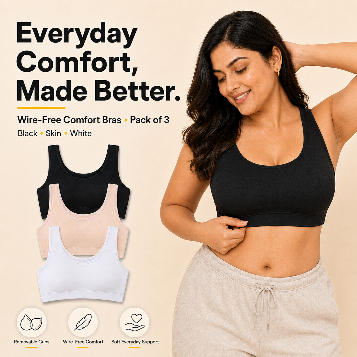 Everyday Comfort Bra with Removable Cups – Wire-Free Pack of 3