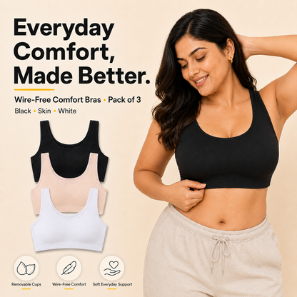 Everyday Comfort Bra with Removable Cups – Wire-Free Pack of 3