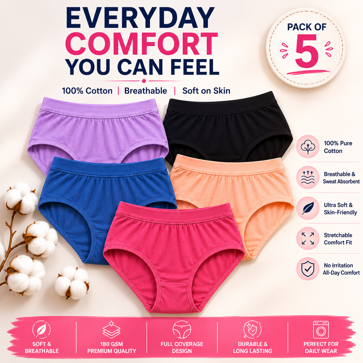Premium Cotton Panty ( Pack of 5)