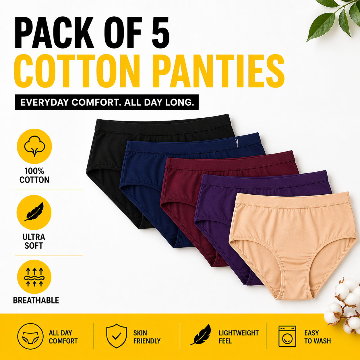WOMENS All day Comfort Everyday Cotton Panties - Pack Of 5